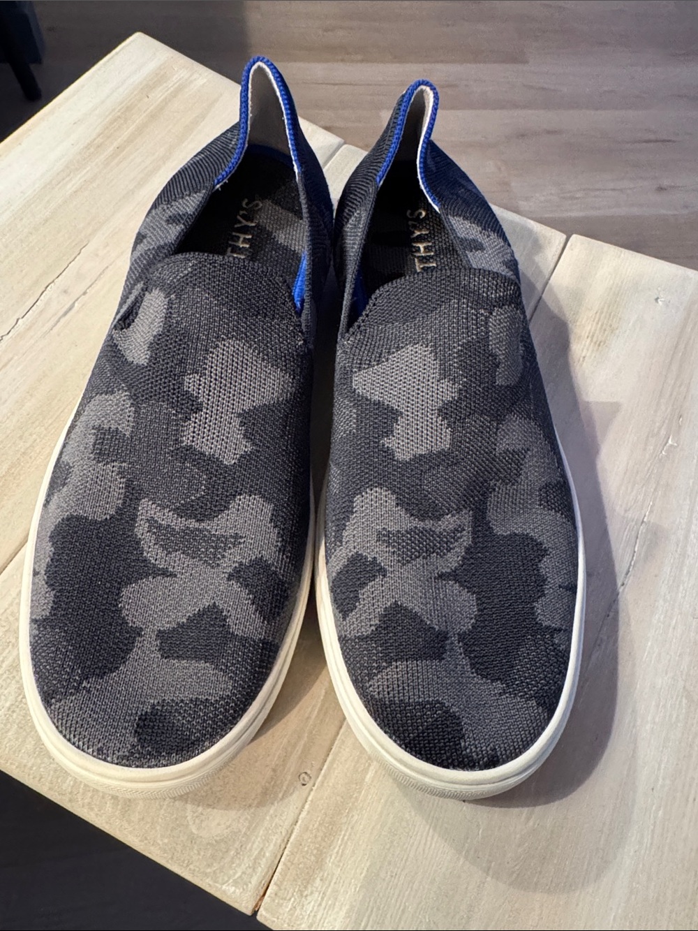 Rothy's Women’s Slip-On Camouflage Knit Sneakers in Black and Gray